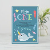 Cute Rainbow Narwhal Ocean and Name 1st Birthday Kaart (Staand voorkant)