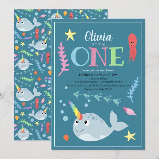 Cute Rainbow Narwhal Ocean and Name 1st Birthday Kaart (Voorkant / Achterkant)