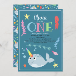 Cute Rainbow Narwhal Ocean and Name 1st Birthday Kaart