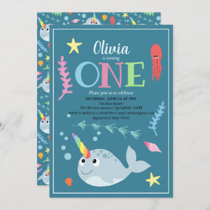 Cute Rainbow Narwhal Ocean and Name 1st Birthday Kaart