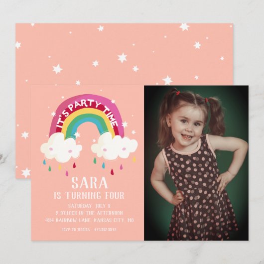 Cute Rainbow Photo Birthday Invitation Kaart (Voorkant / Achterkant)