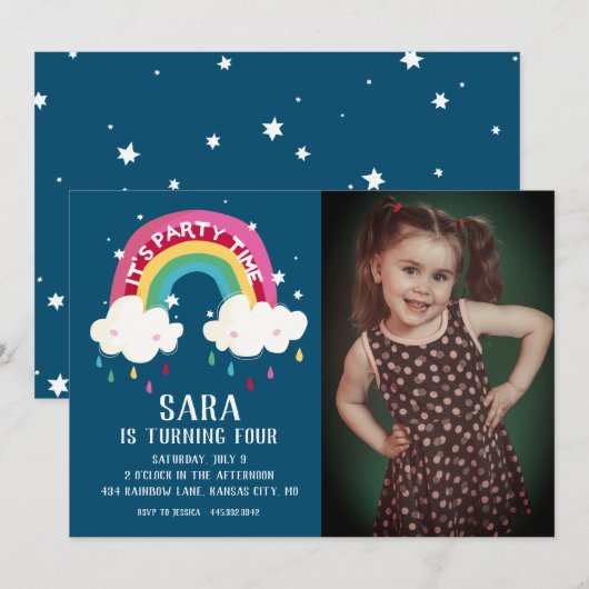 Cute Rainbow Photo Birthday Invitation Kaart (Voorkant / Achterkant)