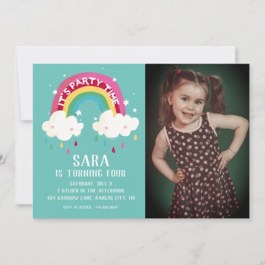 Cute Rainbow Photo Birthday Invitation Kaart (Voorkant)
