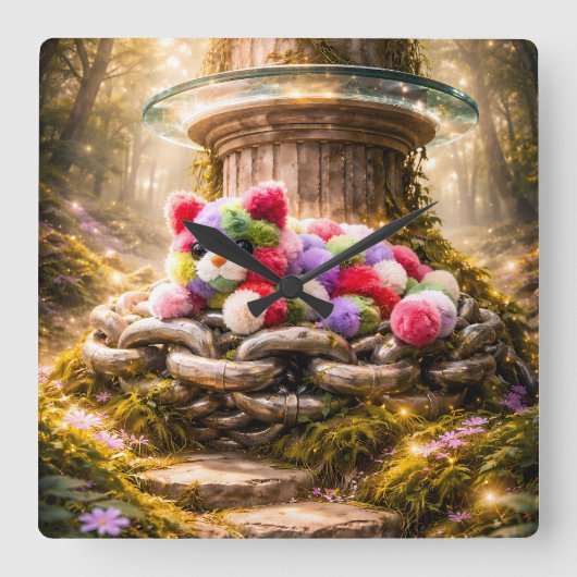 Cute Rainbow Plush Cat Wall Clock Kids Decor Vierkante Klok (Voorkant)