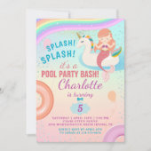 Cute Rainbow Pool Party Unicorn Mermaid Birthday Kaart (Voorkant)