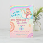 Cute Rainbow Pool Party Unicorn Mermaid Birthday Kaart (Staand voorkant)