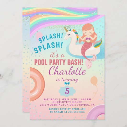 Cute Rainbow Pool Party Unicorn Mermaid Birthday Kaart (Voorkant / Achterkant)
