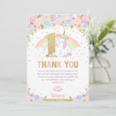Cute Rainbow Unicorn 1st Birthday Party Bedankkaart (Staand voorkant)