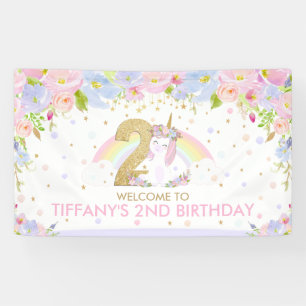 Cute Rainbow Unicorn 2e verjaardag Welkomstachterg Spandoek