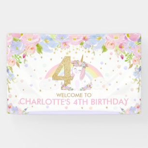 Cute Rainbow Unicorn 4e verjaardag Welkomstachterg Spandoek