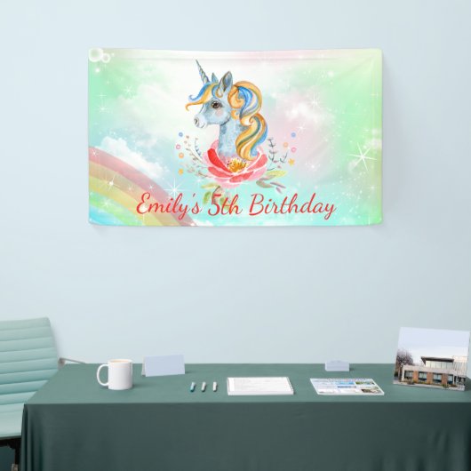 Cute Rainbow Unicorn 5th Birthday Party Banner (Beurs)
