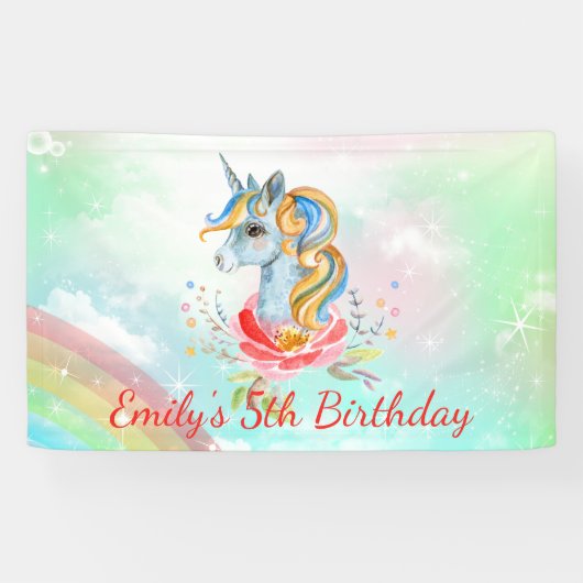 Cute Rainbow Unicorn 5th Birthday Party Banner (Horizontaal)