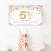 Cute Rainbow Unicorn 5th Birthday Welkomstachtergr Spandoek (Insitu)