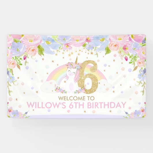 Cute Rainbow Unicorn 6th Birthday Welkomstachtergr Spandoek (Horizontaal)