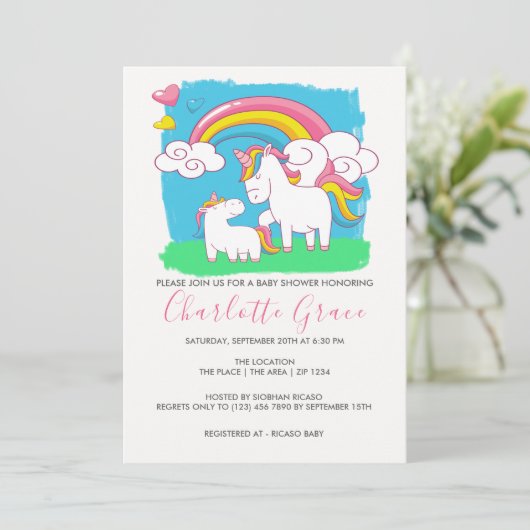 Cute Rainbow Unicorn Baby shower Kaart (Staand voorkant)
