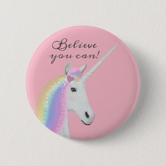 Cute Rainbow Unicorn Believe Pink Round Button (Voorkant)
