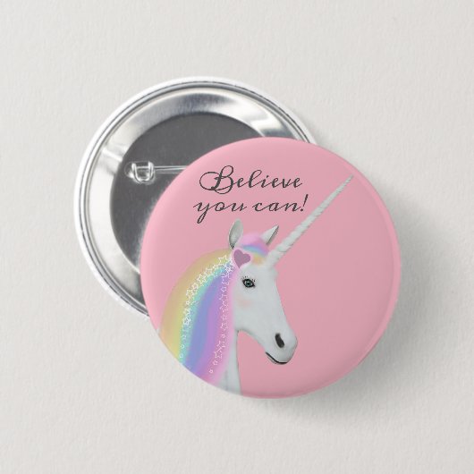 Cute Rainbow Unicorn Believe Pink Round Button (Voorkant /achterkant)