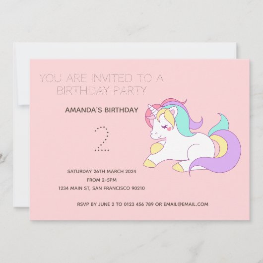 Cute Rainbow Unicorn Birthday Party Invitation Kaart (Voorkant)