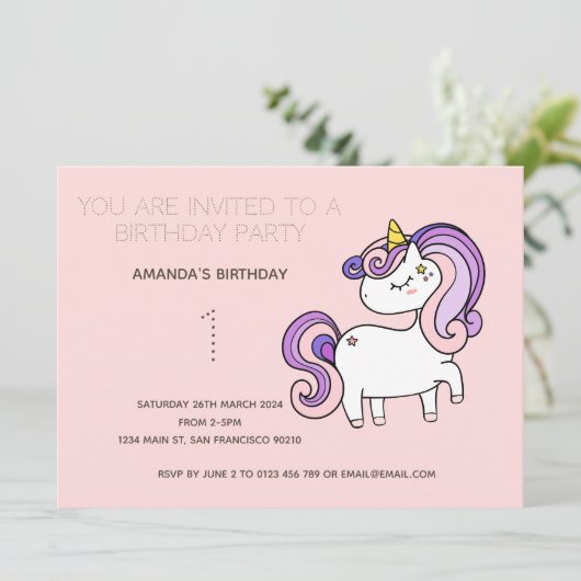 Cute Rainbow Unicorn Birthday Party Invitation Kaart (Staand voorkant)