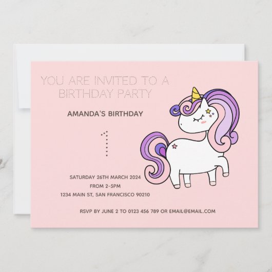 Cute Rainbow Unicorn Birthday Party Invitation Kaart (Voorkant)