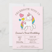 Cute Rainbow Unicorn Birthday Party Invitation Kaart (Voorkant)