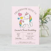 Cute Rainbow Unicorn Birthday Party Invitation Kaart (Staand voorkant)
