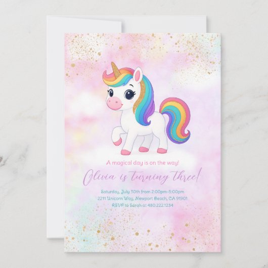 Cute Rainbow Unicorn Birthday Party Invitation Kaart (Voorkant)