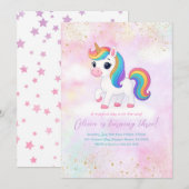 Cute Rainbow Unicorn Birthday Party Invitation Kaart (Voorkant / Achterkant)