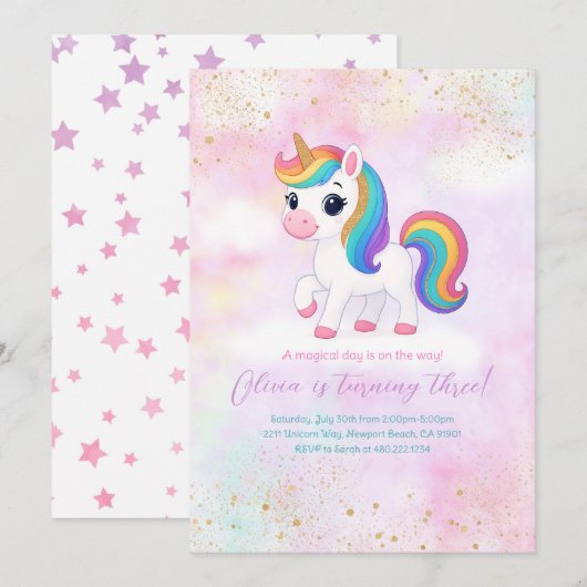 Cute Rainbow Unicorn Birthday Party Invitation Kaart (Voorkant / Achterkant)