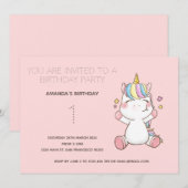 Cute Rainbow Unicorn Birthday Party Invitation Kaart (Voorkant / Achterkant)