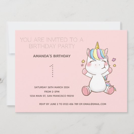 Cute Rainbow Unicorn Birthday Party Invitation Kaart (Voorkant)