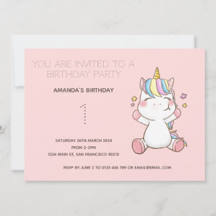 Cute Rainbow Unicorn Birthday Party Invitation Kaart