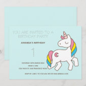Cute Rainbow Unicorn Birthday Party Invitation Kaart (Voorkant / Achterkant)
