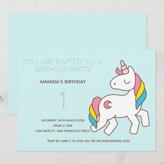 Cute Rainbow Unicorn Birthday Party Invitation Kaart (Voorkant / Achterkant)