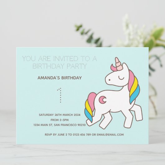 Cute Rainbow Unicorn Birthday Party Invitation Kaart (Staand voorkant)
