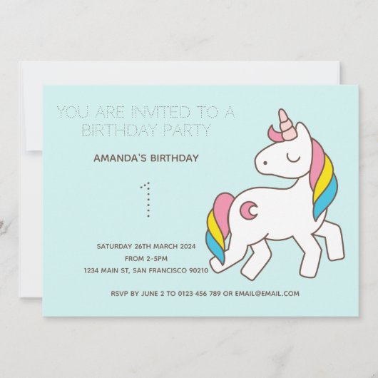 Cute Rainbow Unicorn Birthday Party Invitation Kaart (Voorkant)