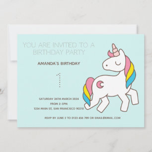 Cute Rainbow Unicorn Birthday Party Invitation Kaart