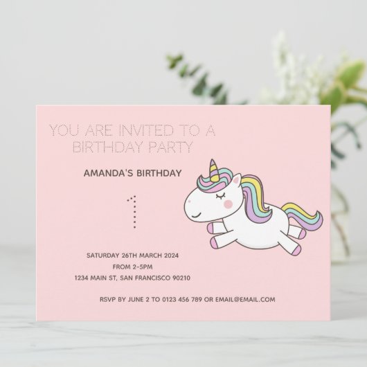 Cute Rainbow Unicorn Birthday Party Invitation Kaart (Staand voorkant)