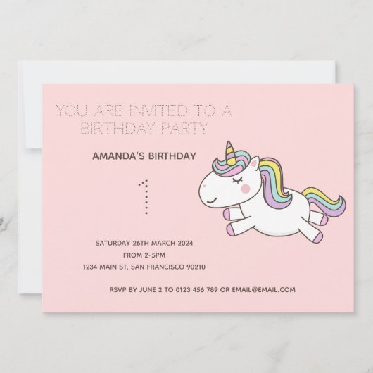 Cute Rainbow Unicorn Birthday Party Invitation Kaart (Voorkant)