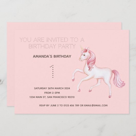 Cute Rainbow Unicorn Birthday Party Invitation Kaart (Voorkant / Achterkant)
