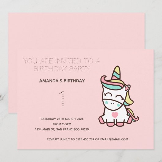 Cute Rainbow Unicorn Birthday Party Invitation Kaart (Voorkant / Achterkant)