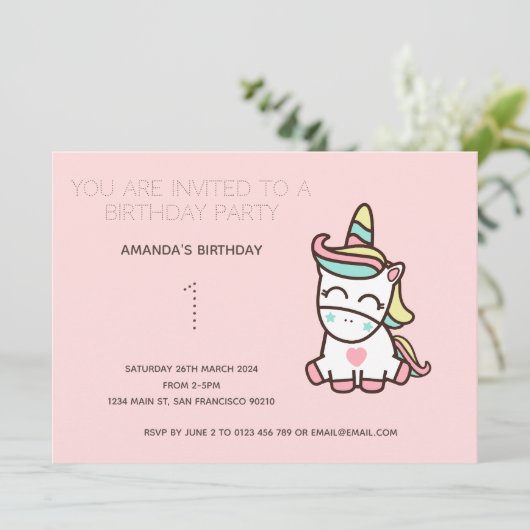 Cute Rainbow Unicorn Birthday Party Invitation Kaart (Staand voorkant)