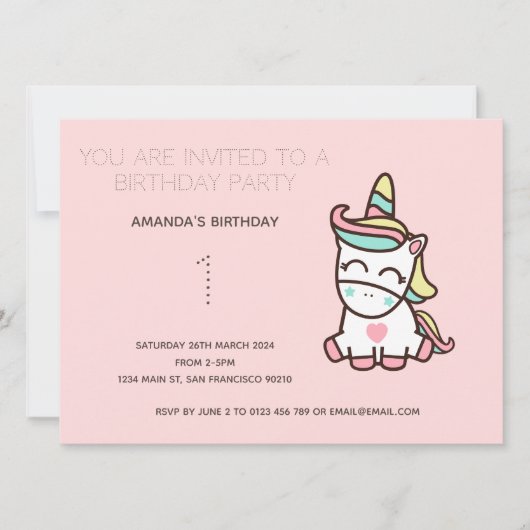 Cute Rainbow Unicorn Birthday Party Invitation Kaart (Voorkant)