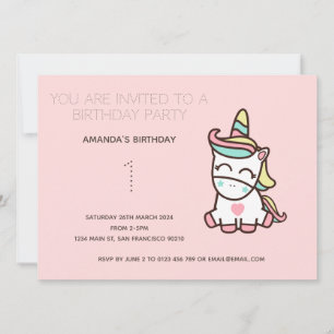 Cute Rainbow Unicorn Birthday Party Invitation Kaart
