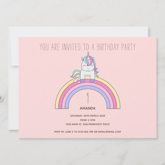 Cute Rainbow Unicorn Birthday Party Invitation Kaart (Voorkant)