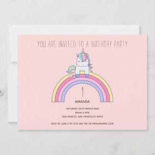 Cute Rainbow Unicorn Birthday Party Invitation Kaart
