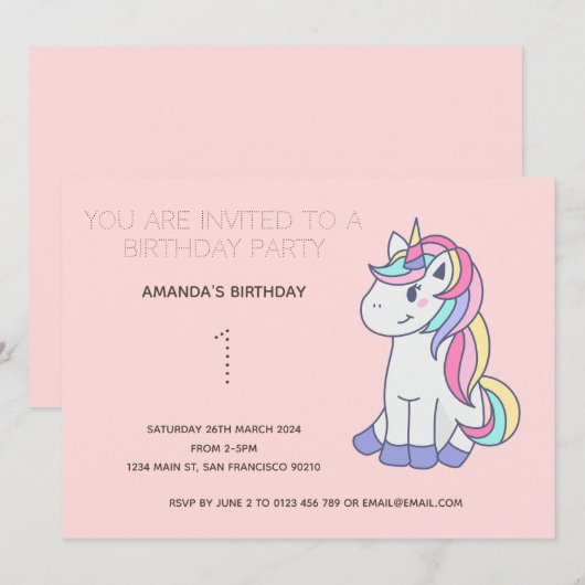 Cute Rainbow Unicorn Birthday Party Invitation Kaart (Voorkant / Achterkant)