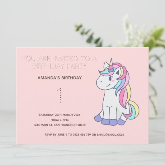 Cute Rainbow Unicorn Birthday Party Invitation Kaart (Staand voorkant)