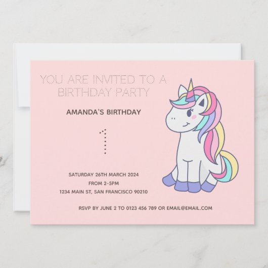 Cute Rainbow Unicorn Birthday Party Invitation Kaart (Voorkant)