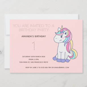 Cute Rainbow Unicorn Birthday Party Invitation Kaart